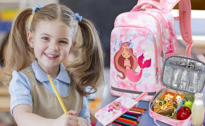 Mochila escolar para niños de poliéster Bolso escolar de sirena Set de tres piezas 2